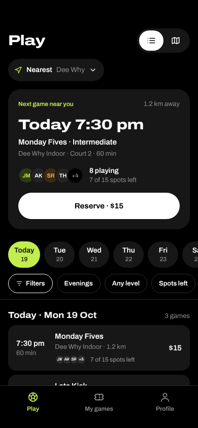 The Linkup Play app showing games near you